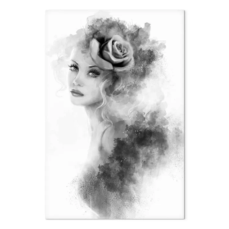 Rosa nos Cabelos (1 peça) - Retrato do Rosto de uma Mulher em Aquarela