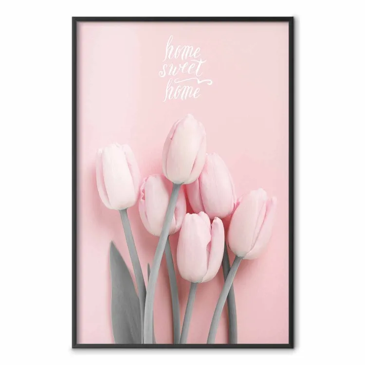 Seis Tulipas - flores rosas da primavera e inscrições em um fundo pastel