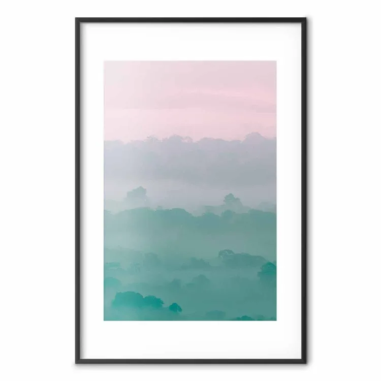 Alvorada Nebulosa - paisagem de árvores entre densa neblina em tons pastel