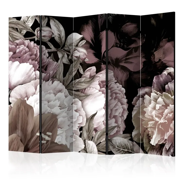 Sono Tranquilo II (5 peças) - folhas e flores coloridas em um fundo preto