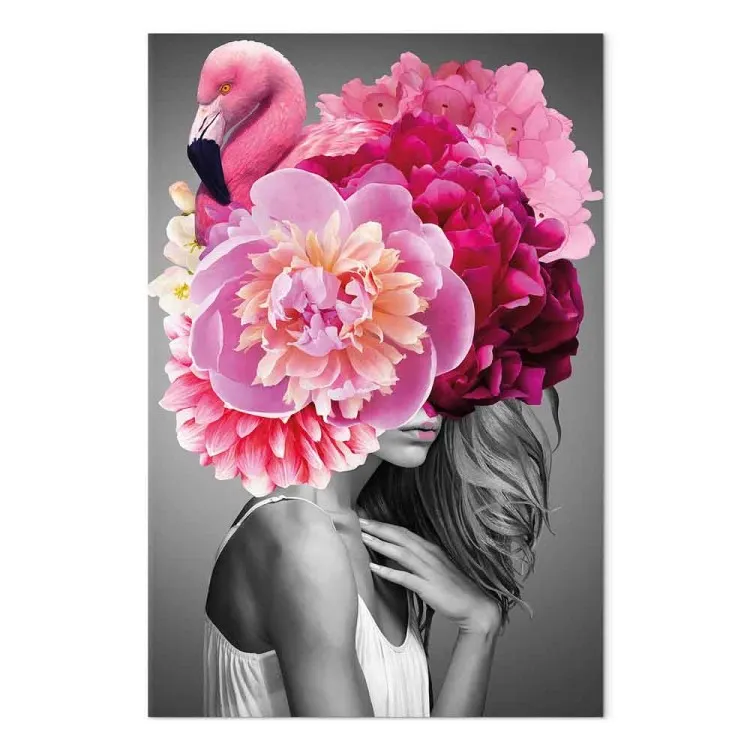 Garota Flamingo (1-parte) vertical - mulher com pássaro e peônia