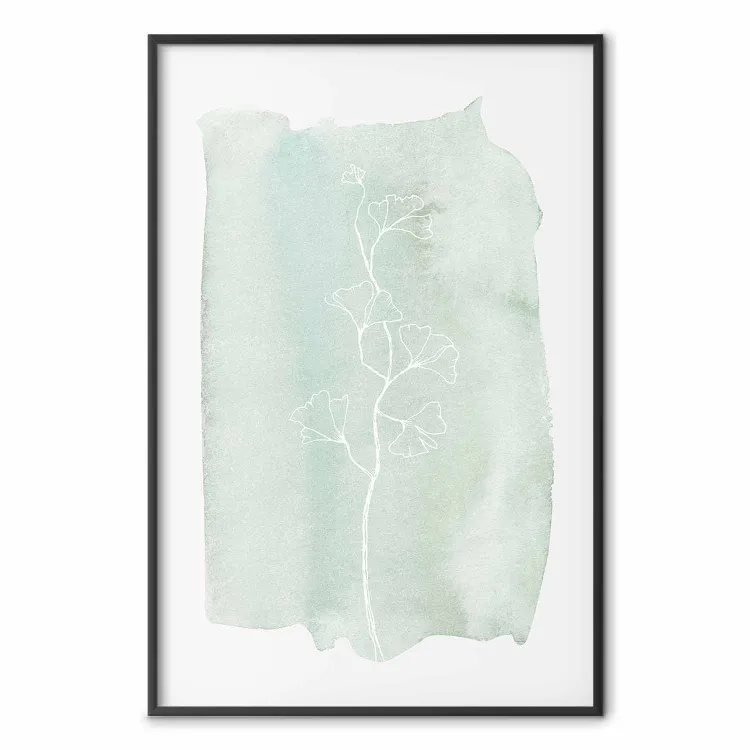Ginkgo Menta - arte abstrata em branco de uma planta com flores em um fundo de menta