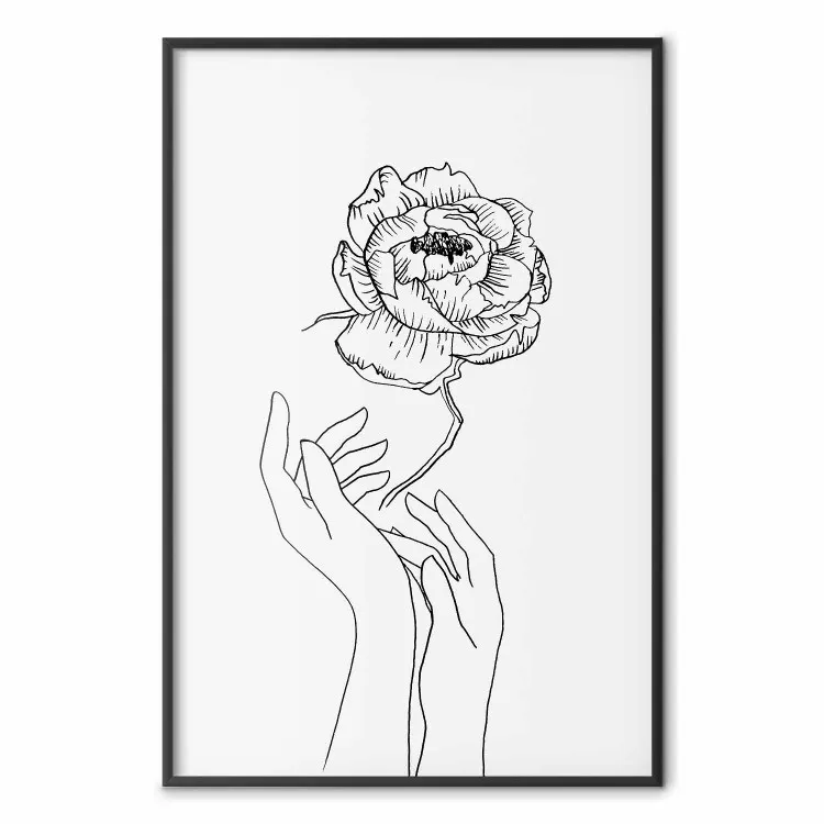 Flor Delicada - arte em linha de flores e mãos em um fundo branco contrastante