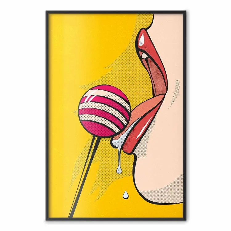 Pirulito Doce - mulher abstrata lambendo um pirulito em um fundo amarelo claro