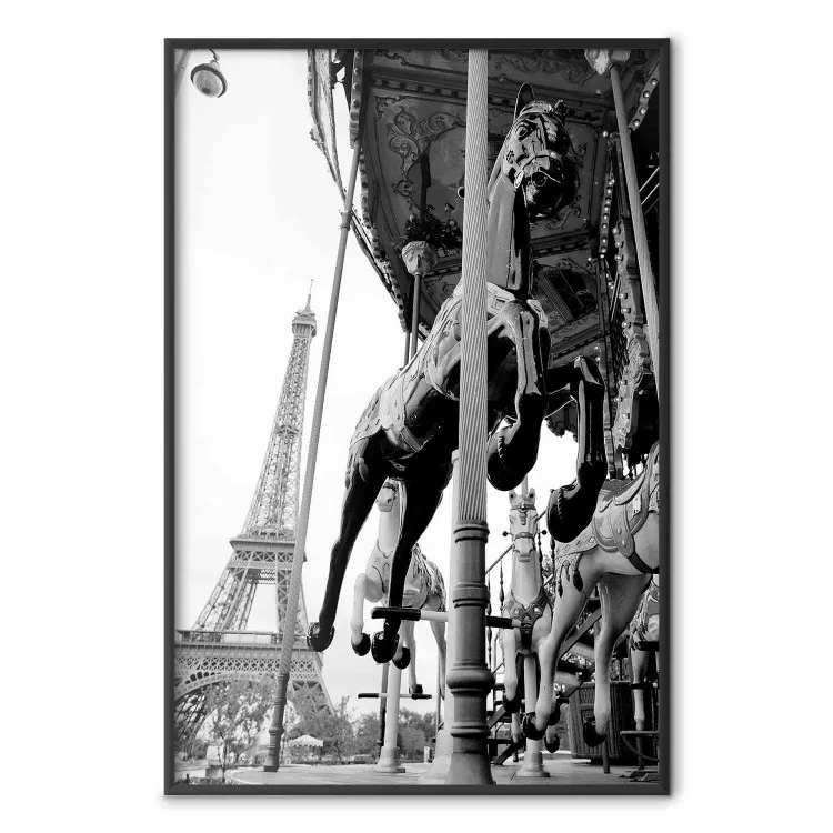 Paris Giratório - paisagem de carrossel em cinza com um cavalo ao fundo da Torre Eiffel