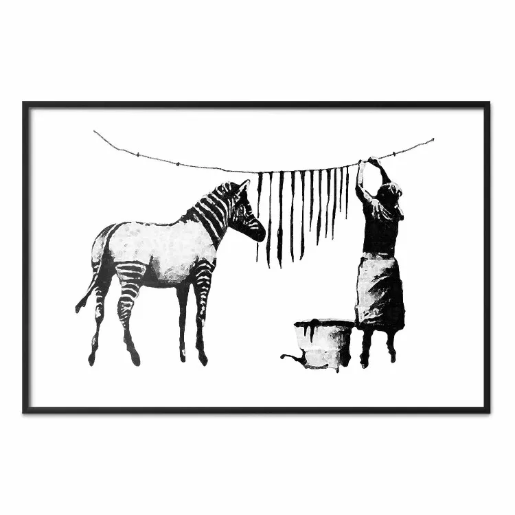 Banksy: Travessia de Zebra - zebra preta e branca e mulher pendurando listras