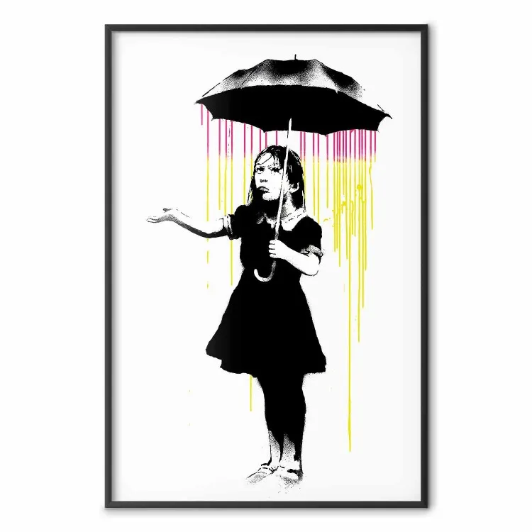 Garota com Guarda-Chuva - garota em preto e branco em uma chuva colorida
