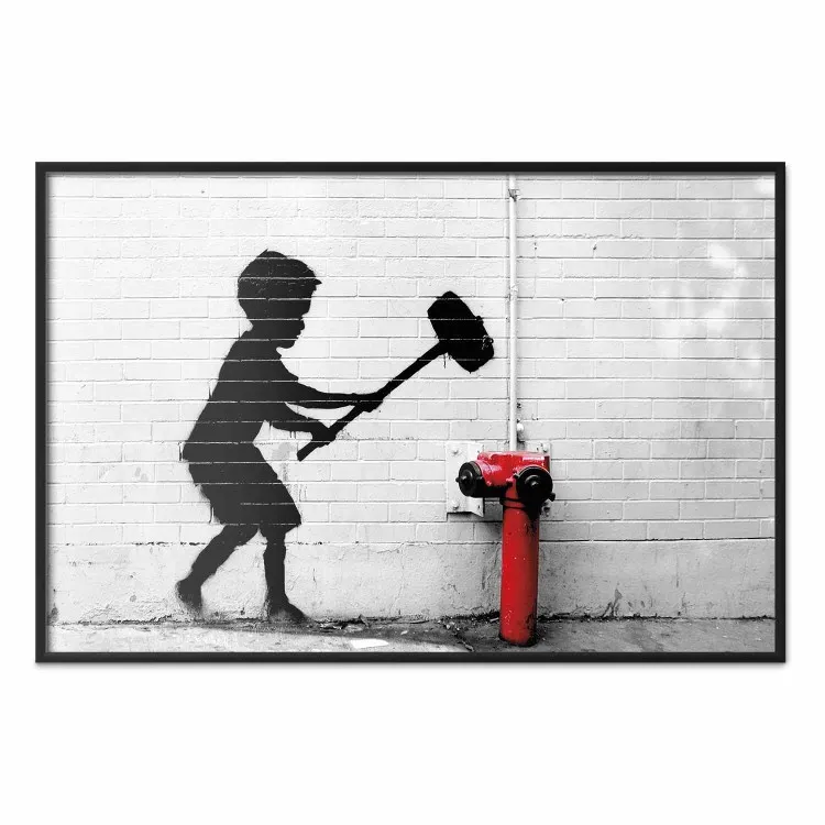 Destrua o Hidrante - mural de um menino negro com um martelo grande na parede