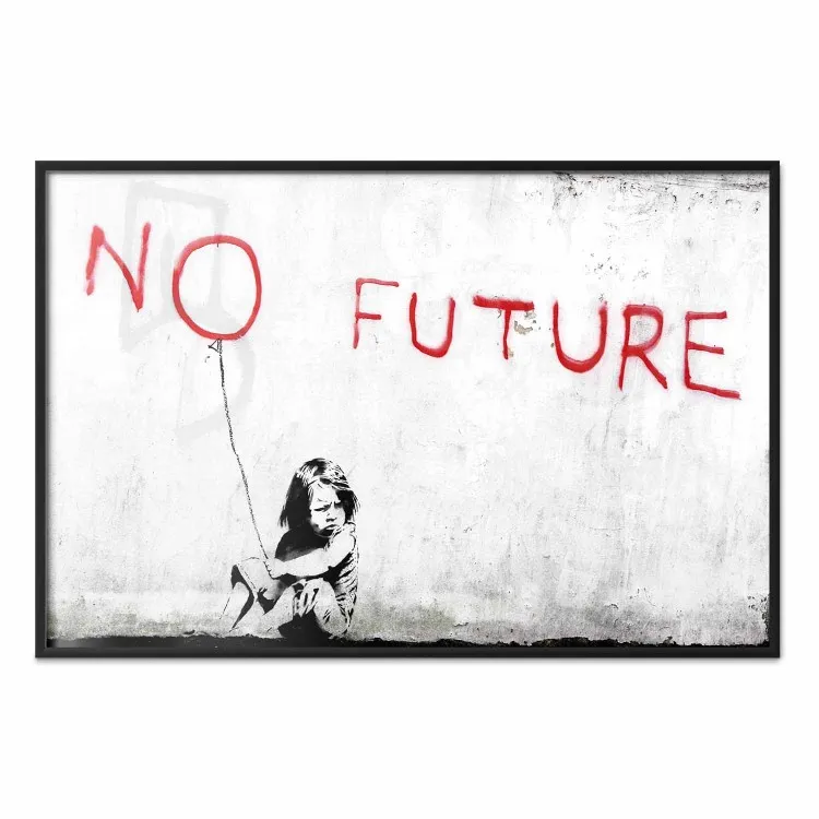 Sem Futuro - mural preto e branco de uma menina e escritos vermelhos