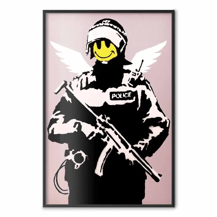 Policial - homem com o rosto amarelo e asas no estilo Banksy