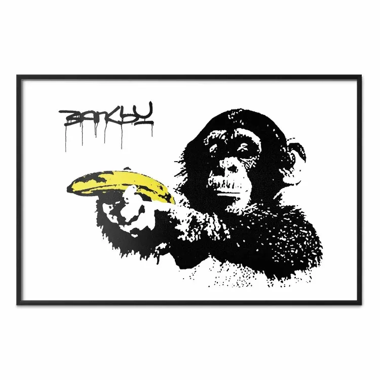 Banksy: Macaco com Banana - animal preto com uma fruta amarela em um fundo branco