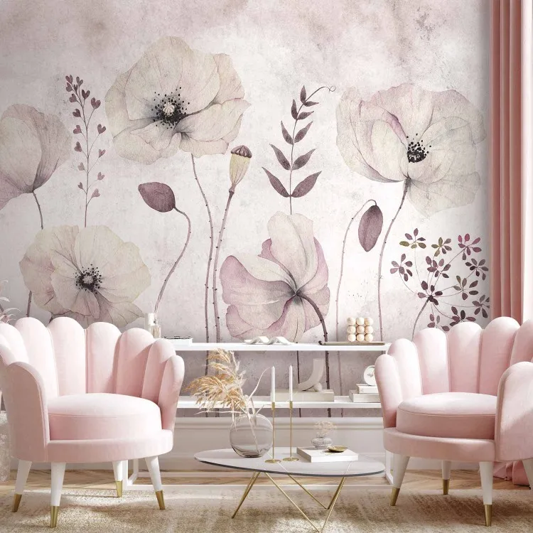 Papoulas Brancas - motivo floral de flores em estilo aquarela em tons de cinza