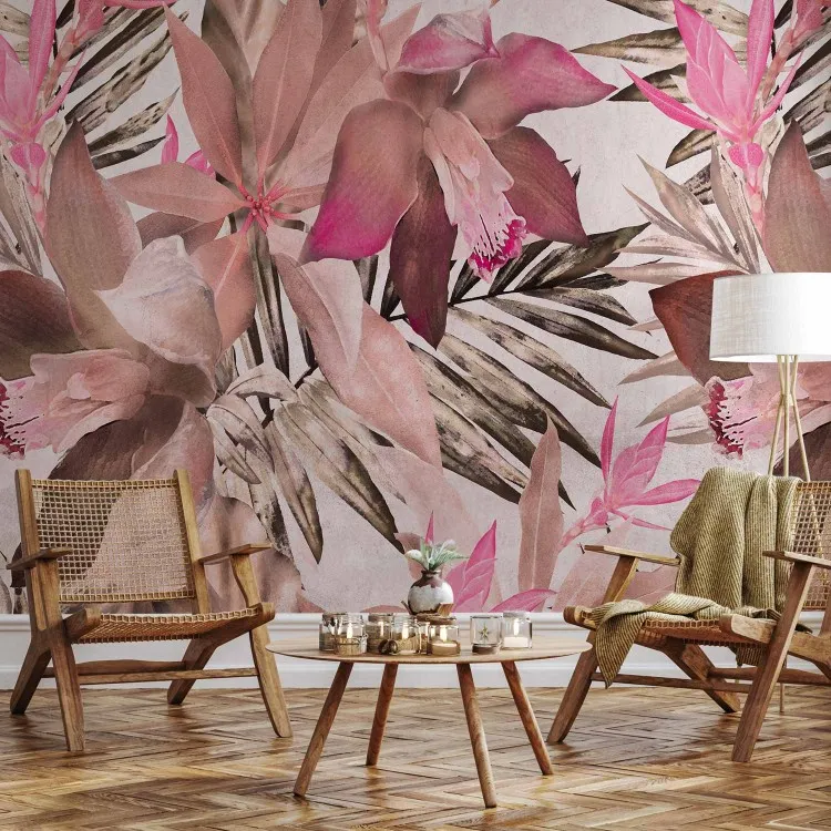 Selva Florescente - composição rosa com motivo floral e folhas