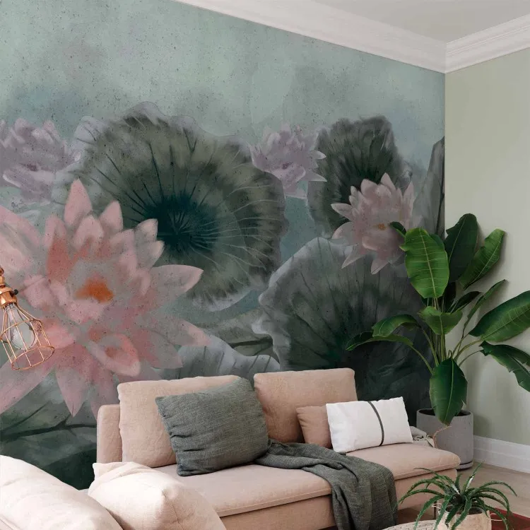 Vegetação Oriental - flores de lótus flutuando com folhas na superfície da água