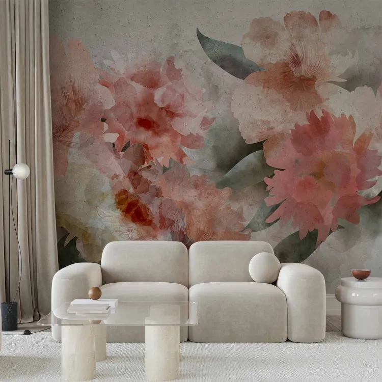 Jardim Florescente Pintado em Aquarela - motivo floral de peônias cor de rosa
