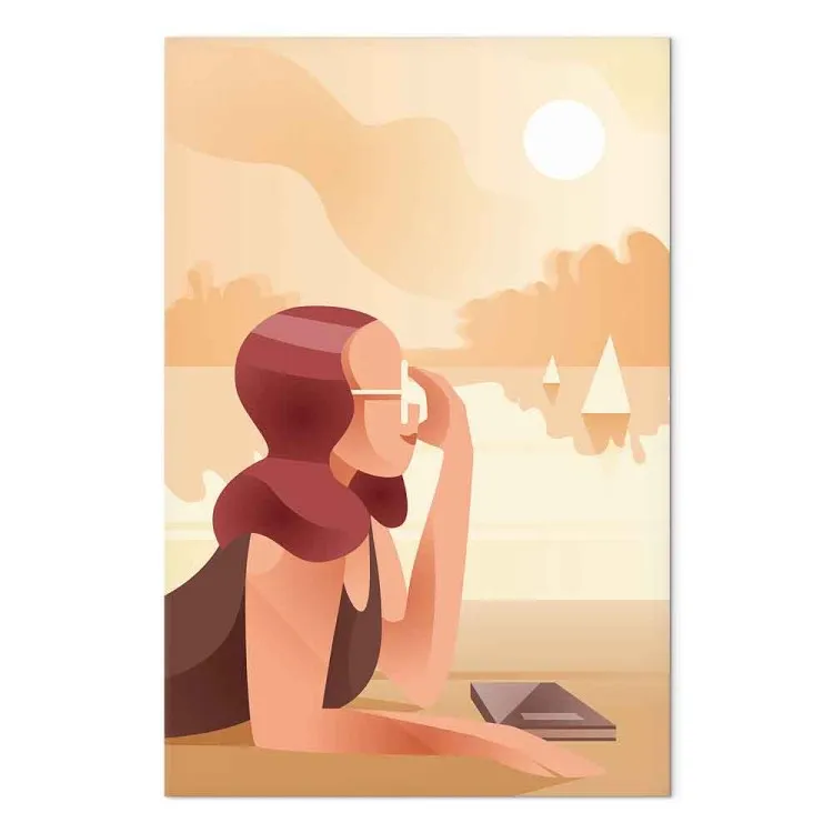 Mulher no lago - gráfico com praia, silhueta de mulher e barcos à vela