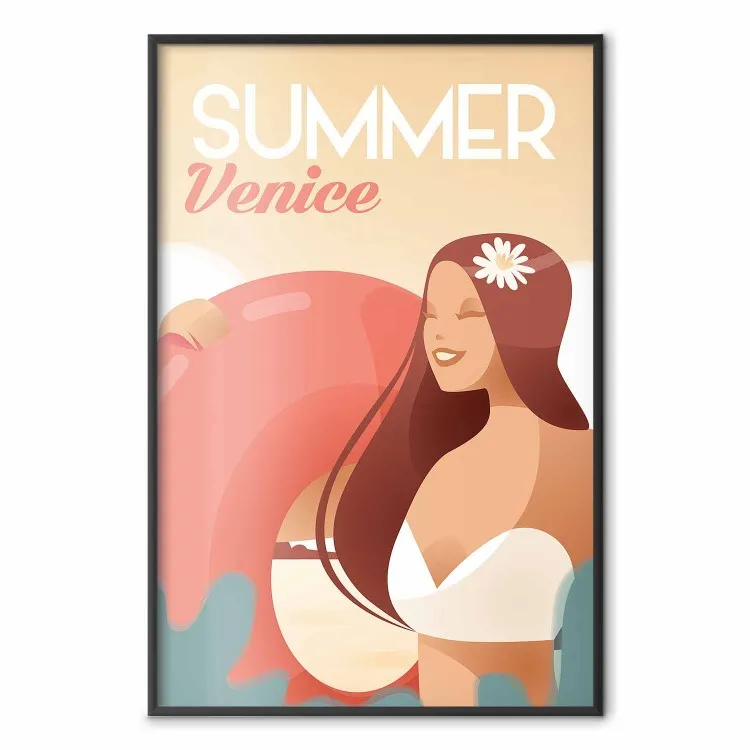 Praia Veneziana - composição de verão com uma mulher e texto em inglês