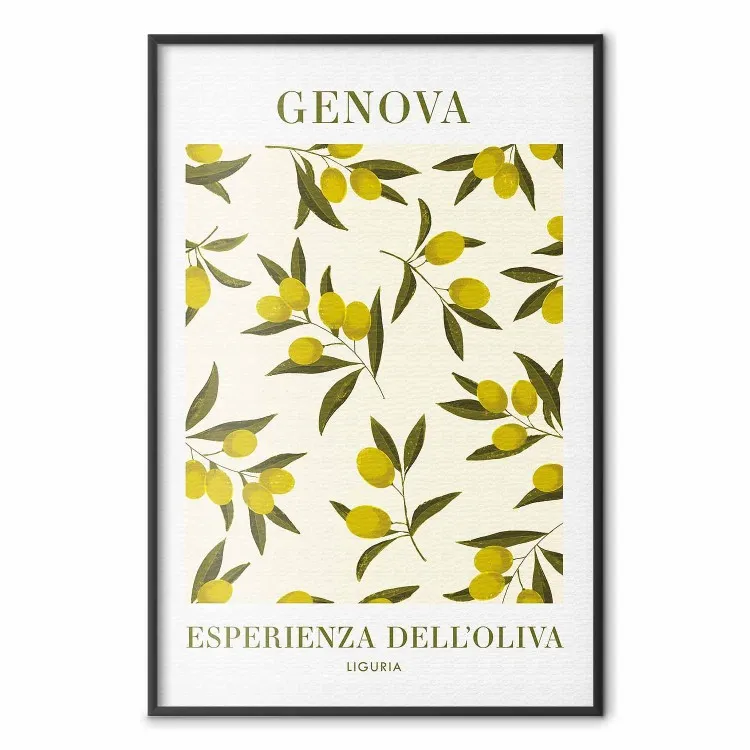 Azeitonas Ligurianas - composição simples com frutos pequenos e escritos italianos