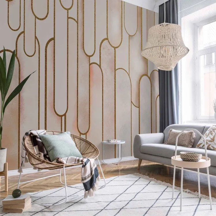 Elegante Abstração Art Deco - formas em tons pastéis com desenhos dourados