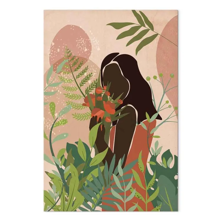 Mulher em Verde (1 peça) Vertical - plantas coloridas em fundo rosa