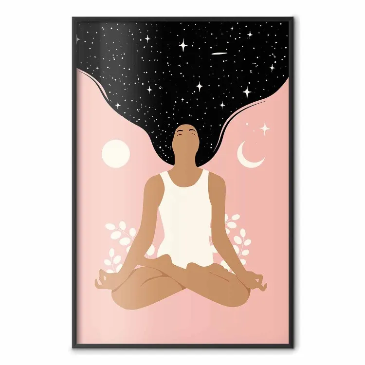 Ioga Matinal - mulher meditando e se perdendo em pensamentos em um cosmos escuro