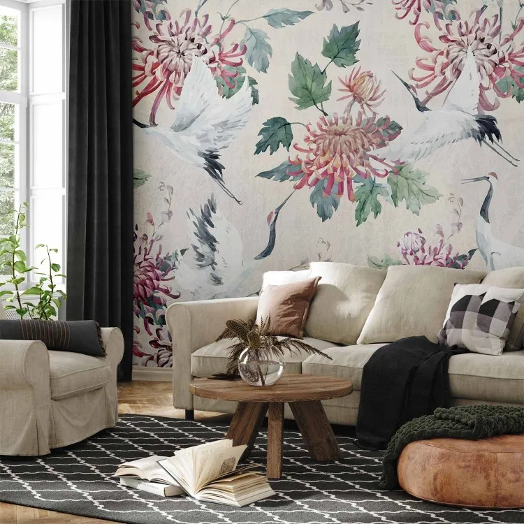 Composição Oriental - motivo de guindastes com flores e folhas em fundo