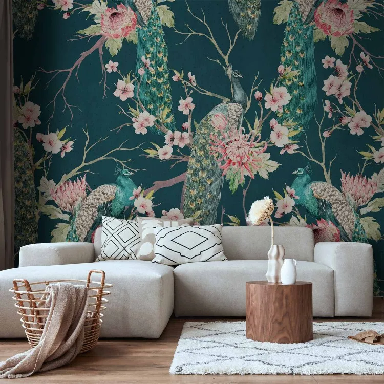 Pavões Nobres - motivo de pássaros em galhos com desenhos de flores