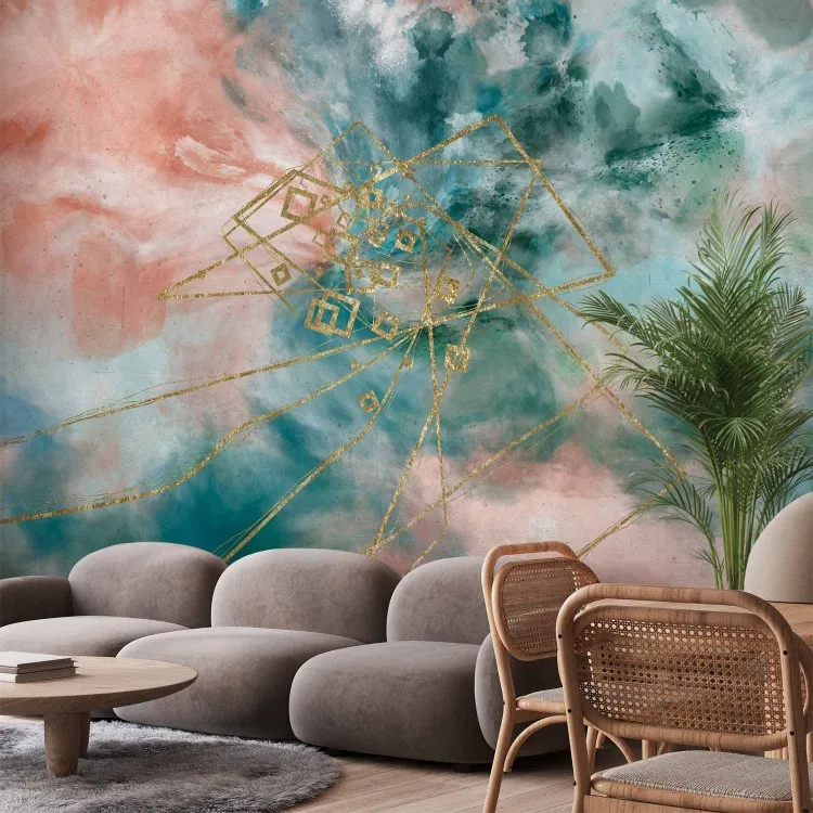 Nuvens Aquareladas - céu abstrato em manchas com desenho dourado