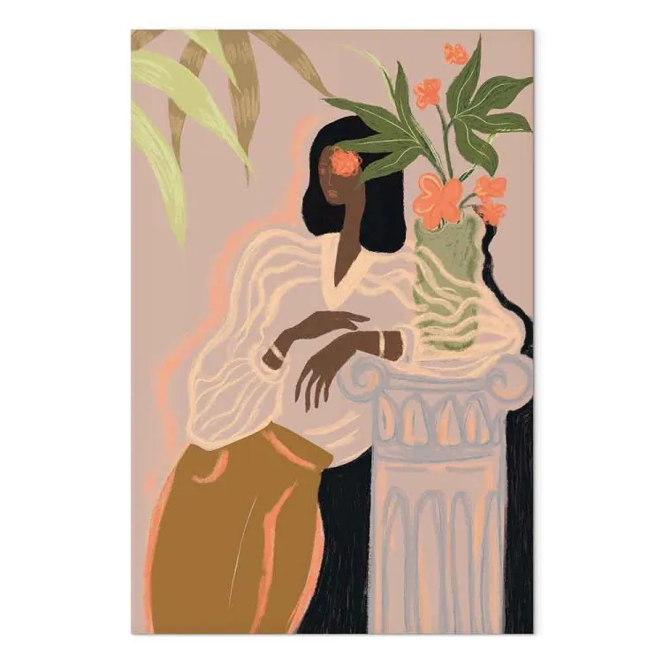 Na Expectativa (1 peça) Vertical - figura de mulher e flores cor de rosa