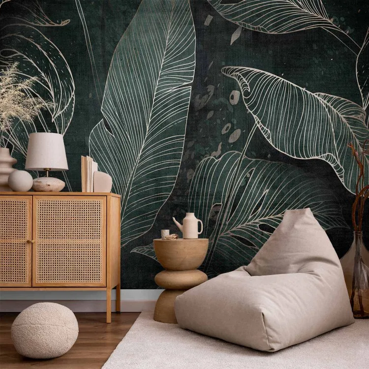 No Labirinto de Folhas - paisagem tropical escura com folhas em estilo lineart