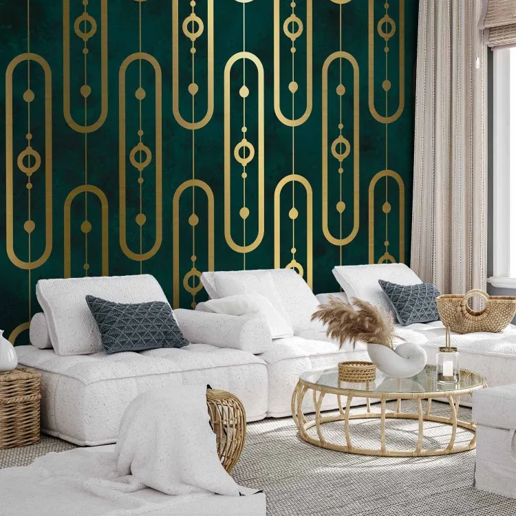 Art Déco - abstração com motivo de corrente dourada em fundo turquesa