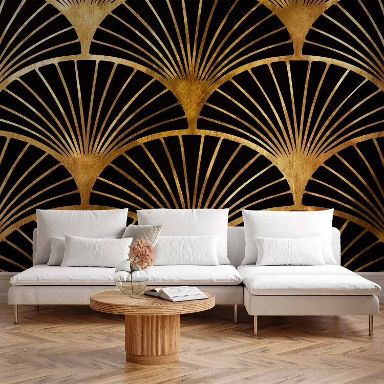 Leque Art Déco - abstração com leques pretos em fundo dourado