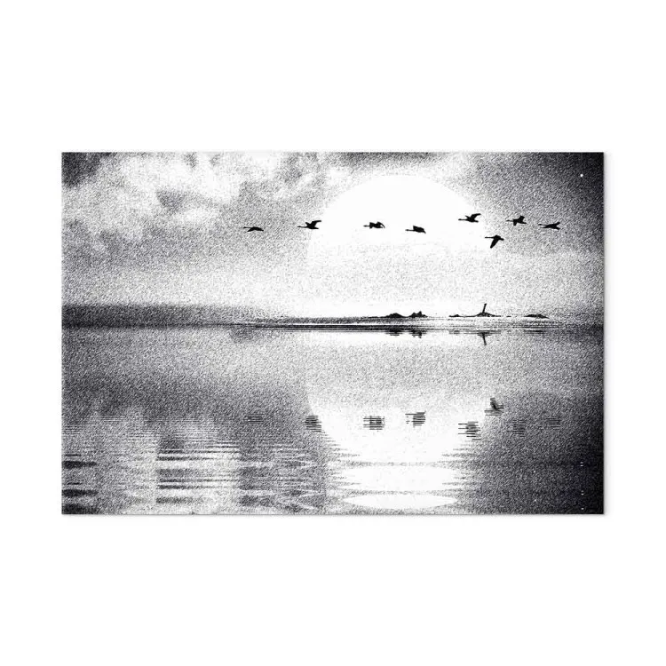 Voo de Pássaros sobre o Lago (1 peça) Largo - paisagem em preto e branco