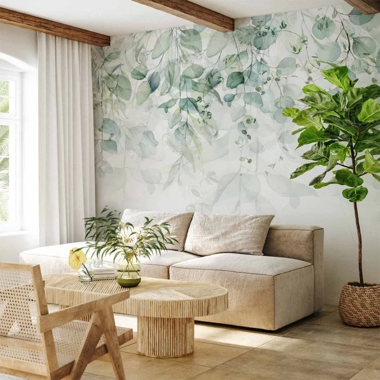 Cascade of Green - Delicate Twigs Full of Leaves on a Light Background