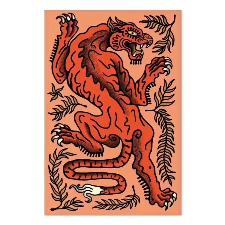 Tigre Vermelho (1 peça) - felino selvagem entre folhas em um fundo salmão