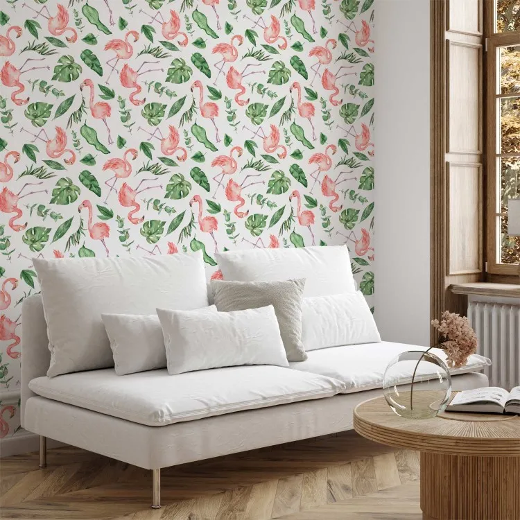 Padrão exótico - flamingos cor-de-rosa e folhas verdes sobre um fundo branco