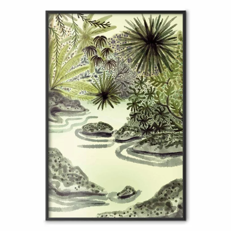 Lago tropical - paisagem em aguarela em tons de verde
