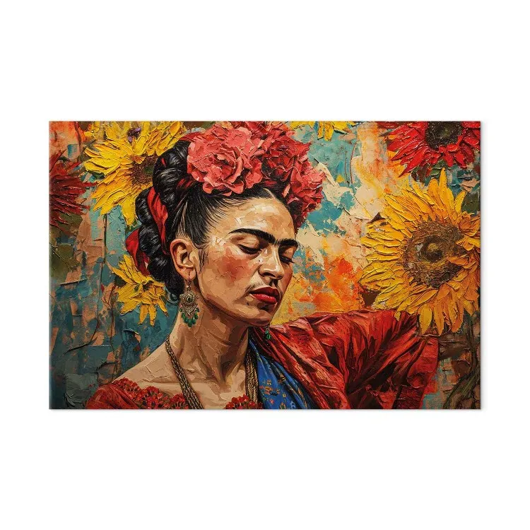 Frida Kahlo - mulher contra um fundo de girassóis no estilo de pintura de van Gogh