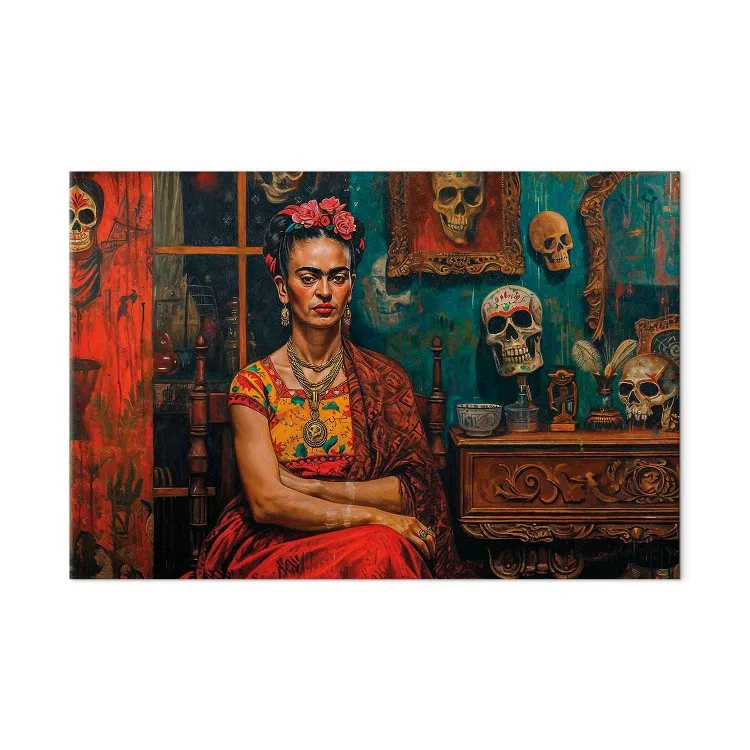 Frida Kahlo - composição com a pintora sentada numa sala com caveiras