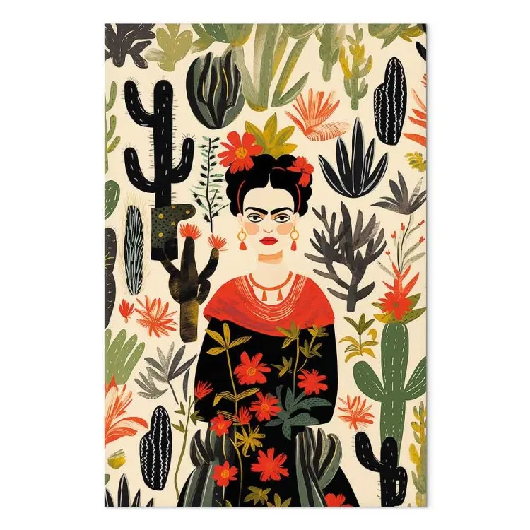 Frida Kahlo - retrato da artista no meio de uma flora desértica cheia de cactos