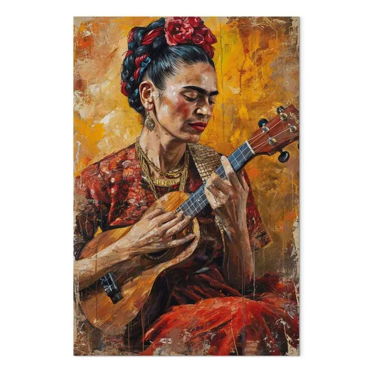 Frida Kahlo - retrato de uma mulher a tocar cavaquinho em tons castanhos