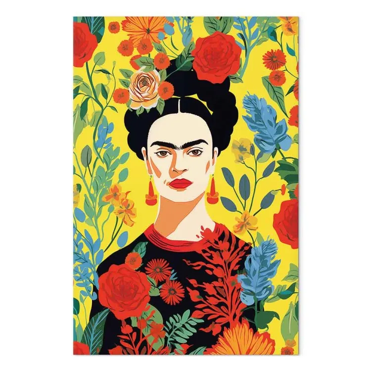 Frida Kahlo - retrato da artista sobre um fundo floral amarelo