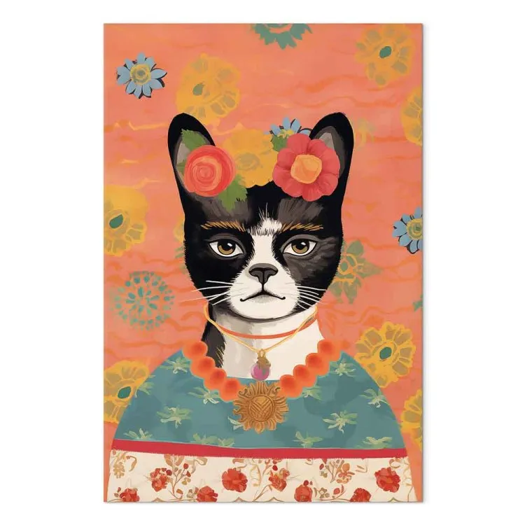 Retrato de animal - gato com flores inspirado na imagem de Frida