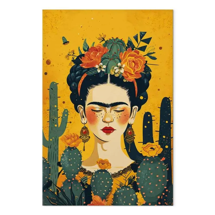 Frida com cactos - retrato da pintora sobre um fundo cor de laranja