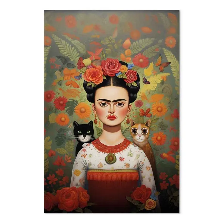 Frida em desenho animado - um retrato colorido da artista com dois gatos
