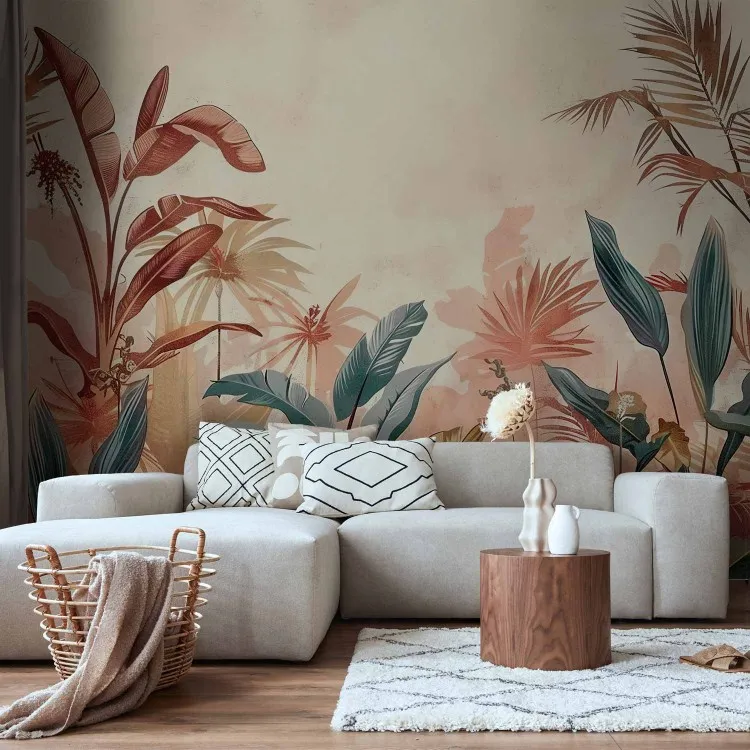 Folhas tropicais - composição com plantas sobre um fundo de cor terracota