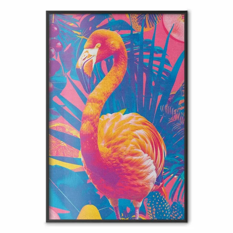 Ave exótica - um flamingo colorido num cenário tropical cheio de plantas