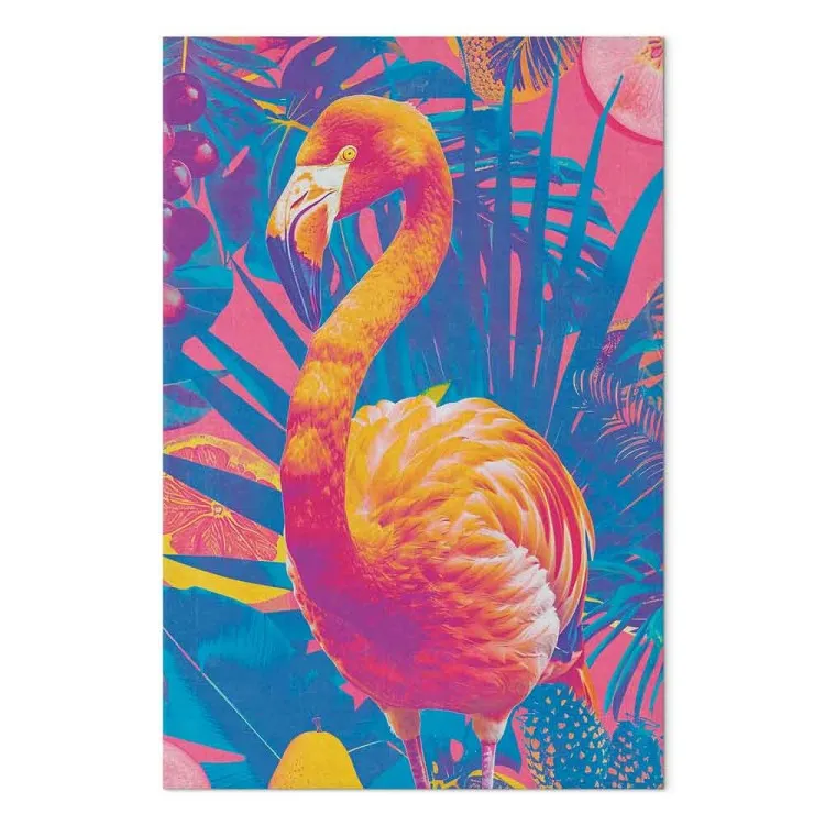 Flamingo colorido - uma ave exótica entre folhas tropicais e frutos sumarentos
