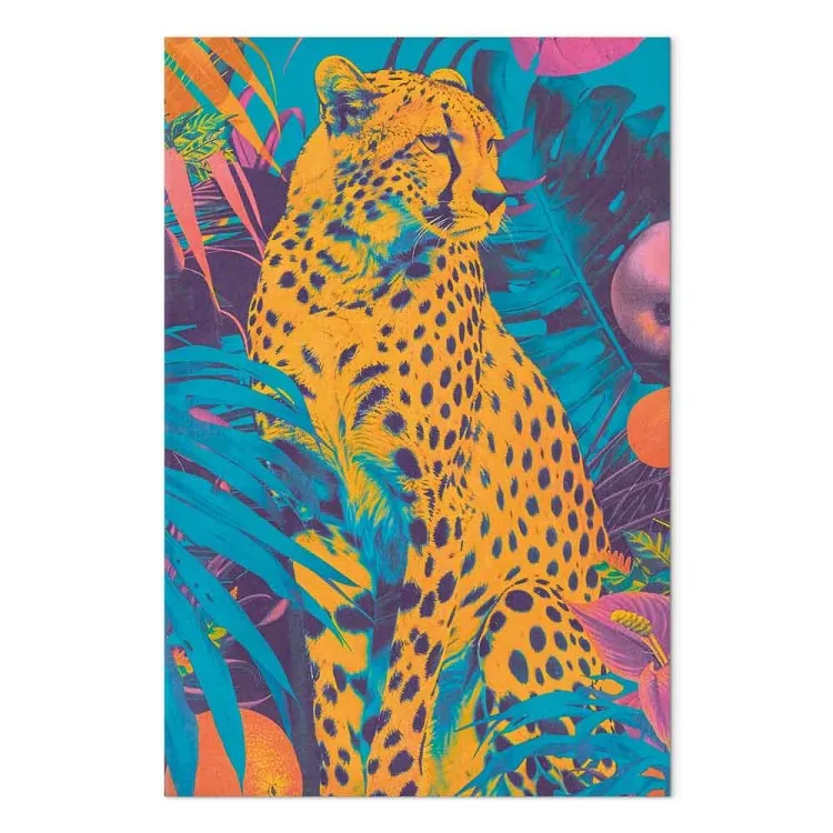 Chita pop-art - gato selvagem em cores vivas rodeado de plantas tropicais