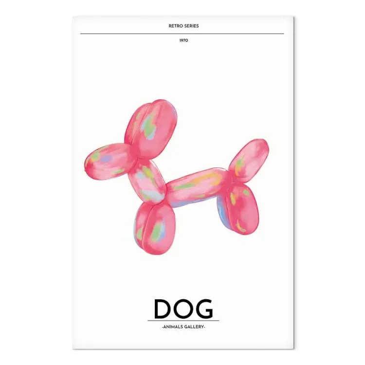 Cão balão - animal multicolorido com a forma de um cão sobre um fundo claro com letras retro